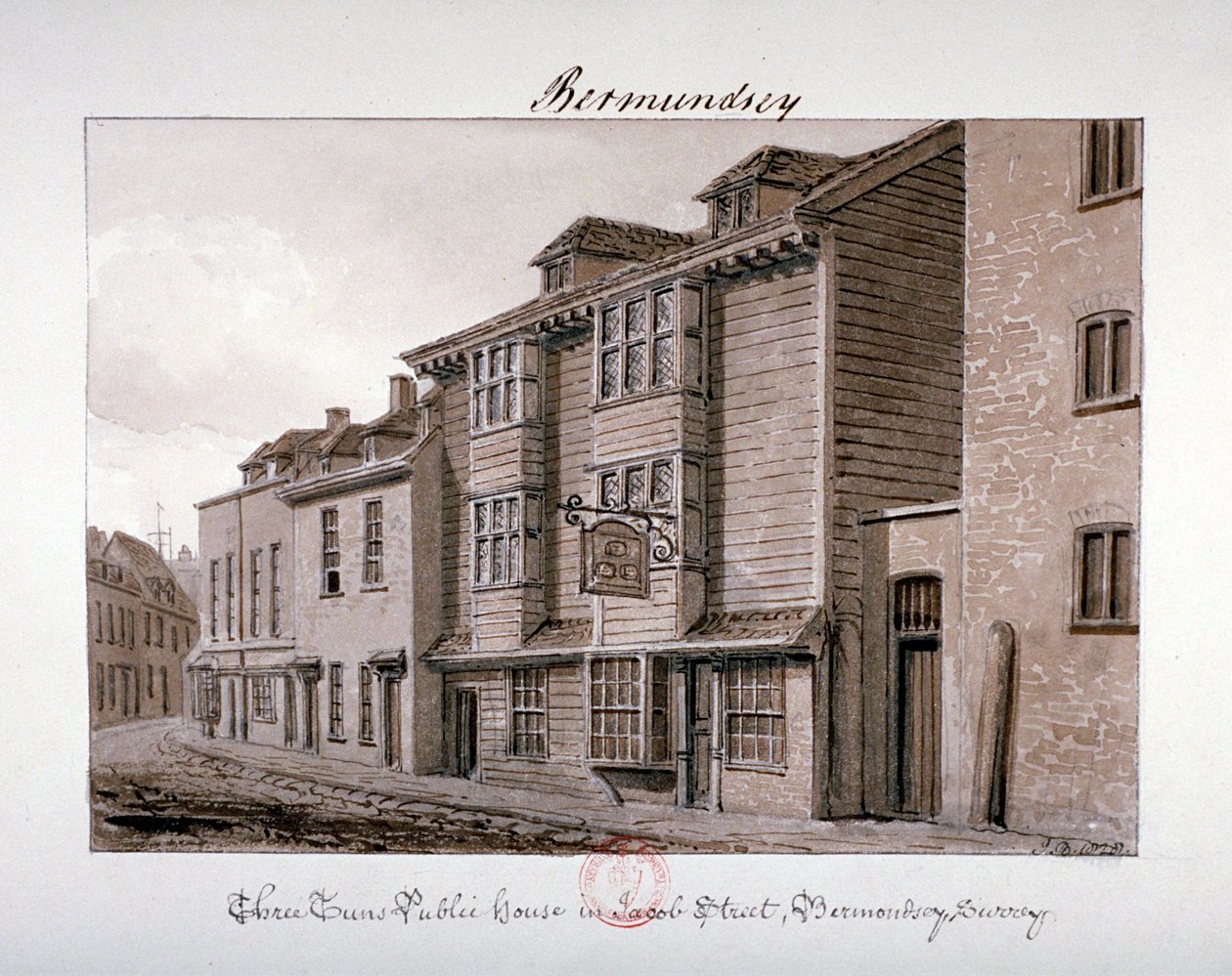 Utsikt over Three Tuns offentlige hus på Jacob Street, Bermondsey, London, 1828 av John Chessell Buckler