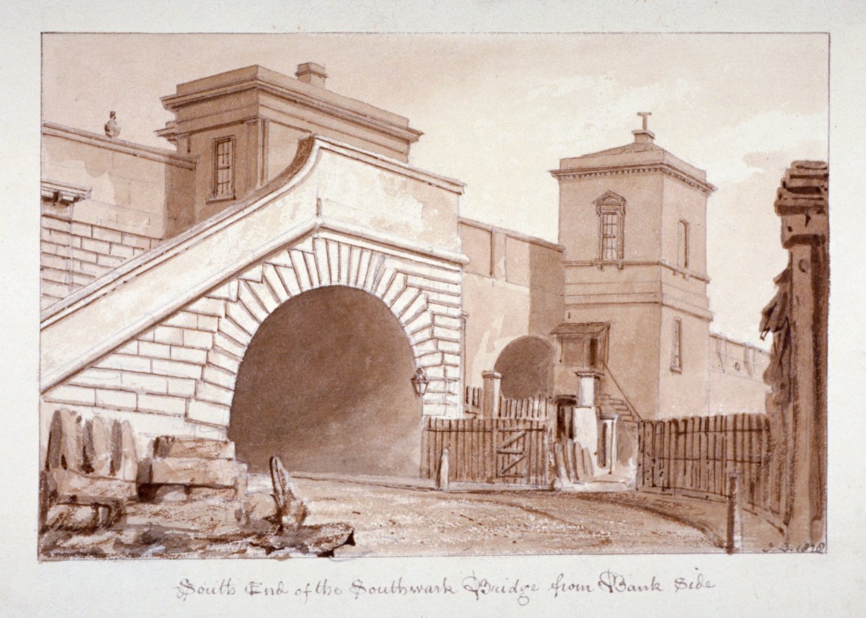 Utsikt over sørenden av Southwark Bridge fra Bankside, Southwark, London, 1828 av John Chessell Buckler