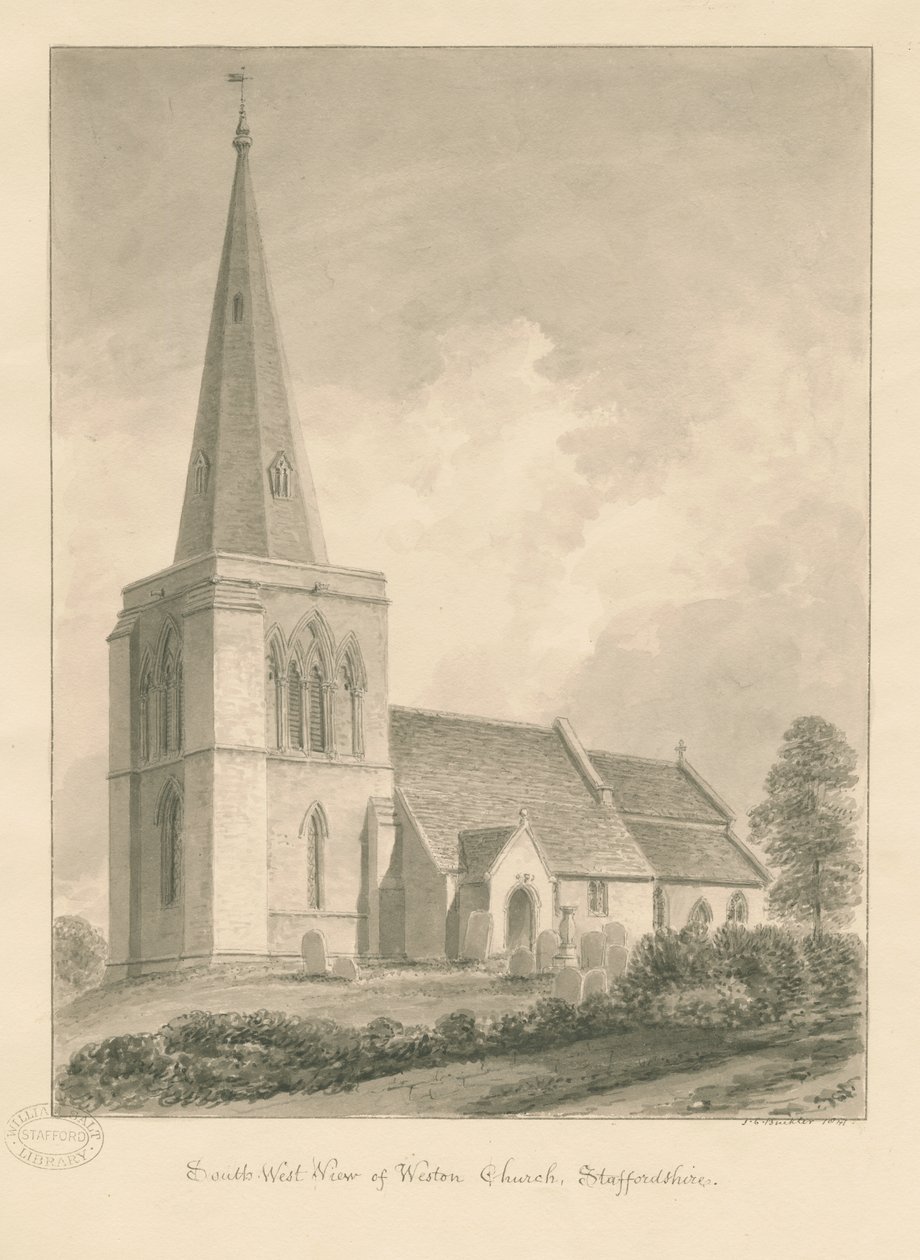 Weston-on-Trent Church: sepia-tegning av John Chessell Buckler