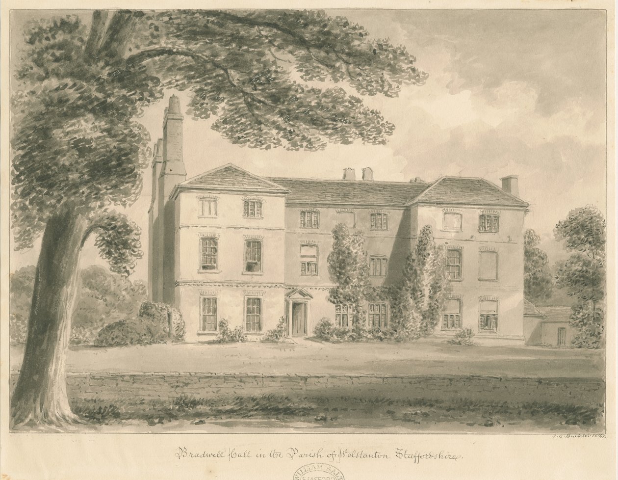 Wolstanton - Bradwell Hall: sepia-tegning av John Chessell Buckler
