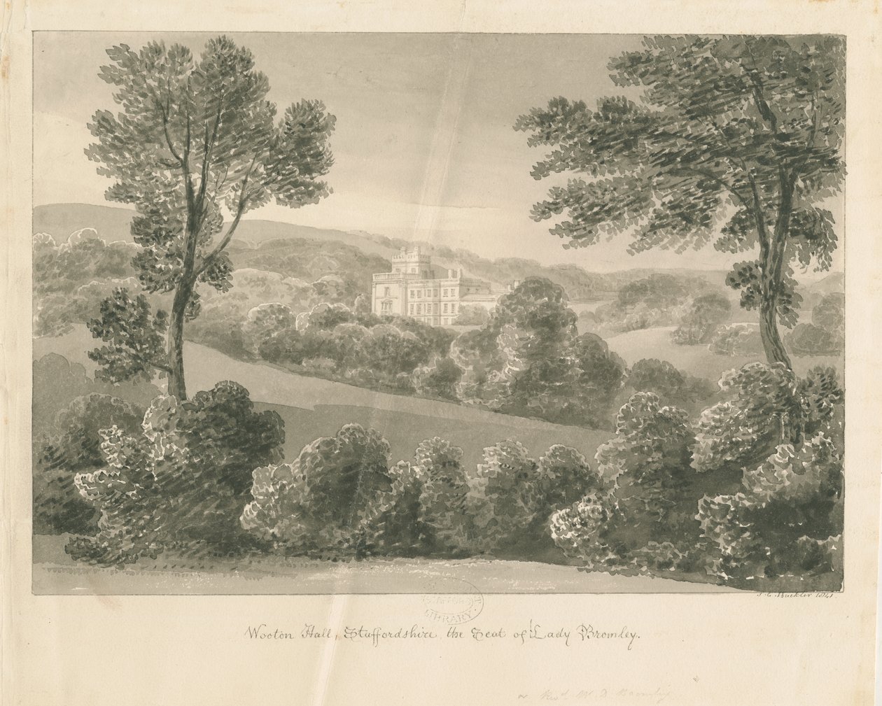 Wootton Lodge: sepia-tegning, 1841 av John Chessell Buckler