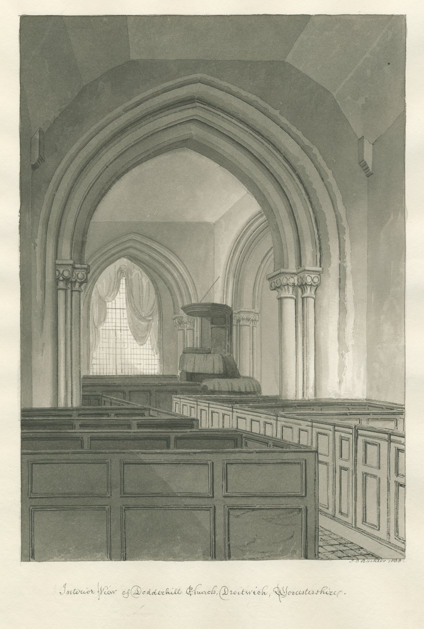 Worcestershire - Droitwich - Dodderhill Church Interiør: sepia-tegning av John Chessell Buckler