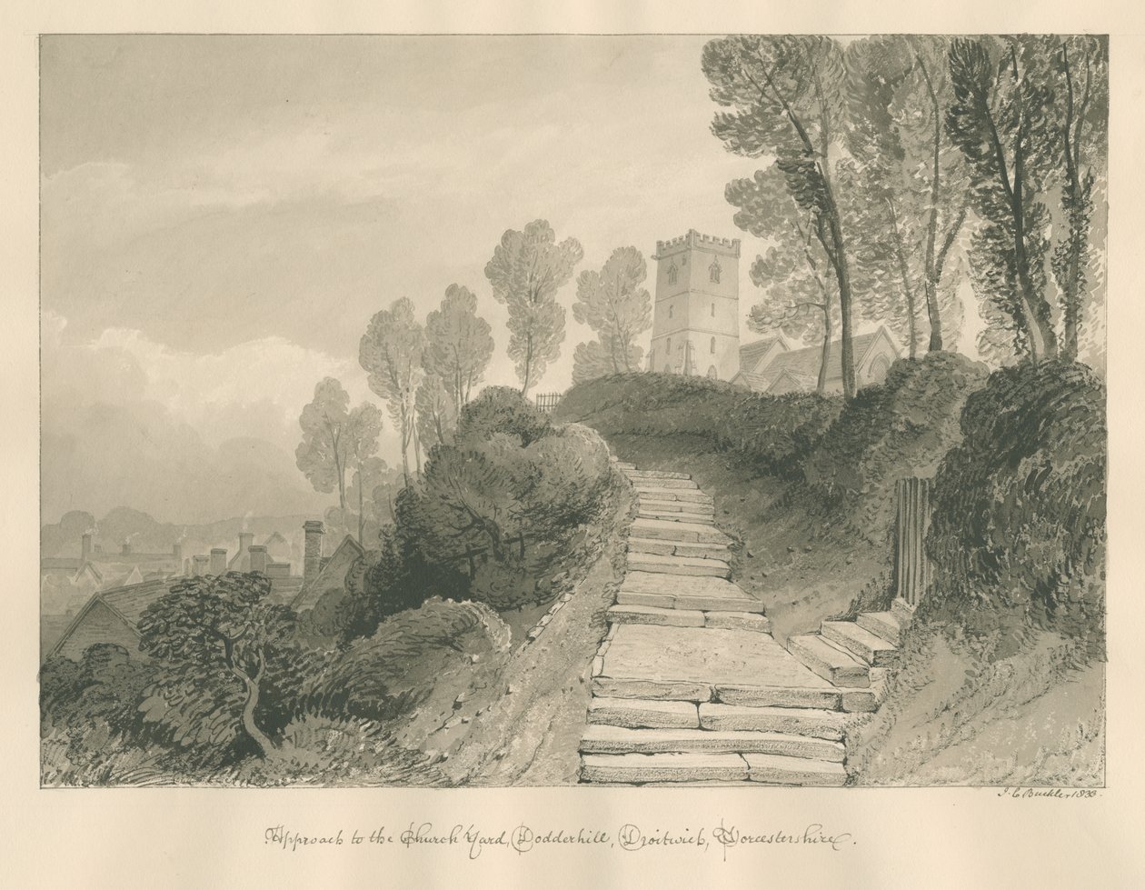 Worcestershire - Droitwich - Dodderhill Church: sepia-tegning, 1833 av John Chessell Buckler