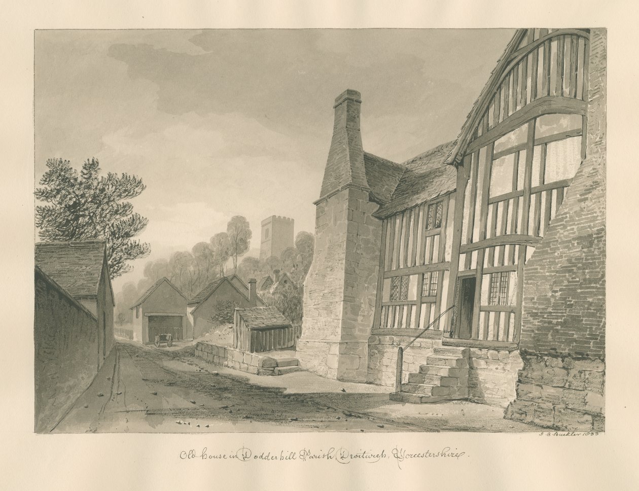 Worcestershire - Droitwich - Dodderhill Old House: sepia-tegning av John Chessell Buckler