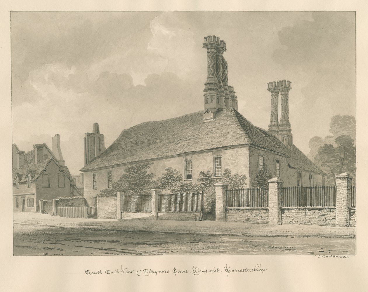 Worcestershire - Droitwich - Staynors Court: sepia-tegning, 1833 av John Chessell Buckler