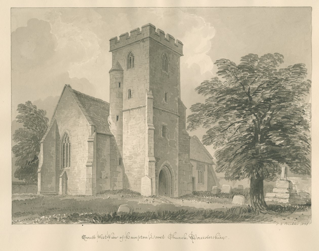 Worcestershire - Hampton Lovett Church: sepia-tegning, 1833 av John Chessell Buckler