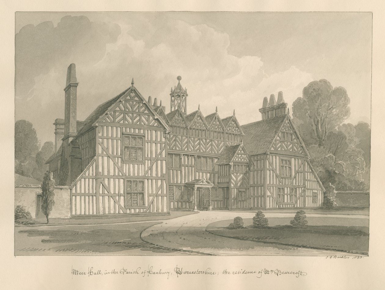 Worcestershire - Hanbury - Meer Hall: sepia-tegning av John Chessell Buckler