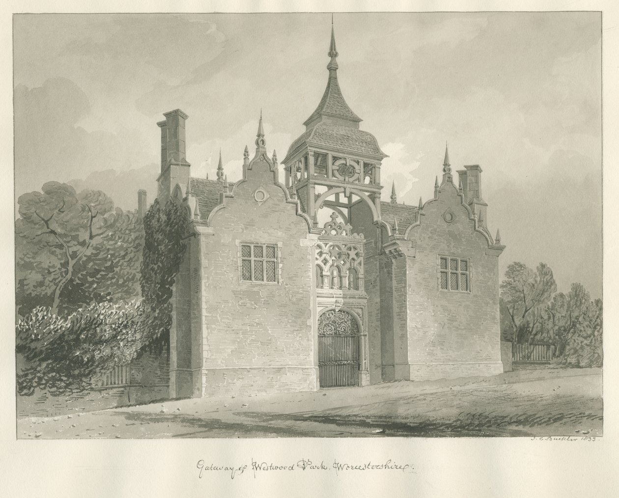 Worcestershire - Westwood Park - Inngangsport: sepia-tegning, 1833 av John Chessell Buckler