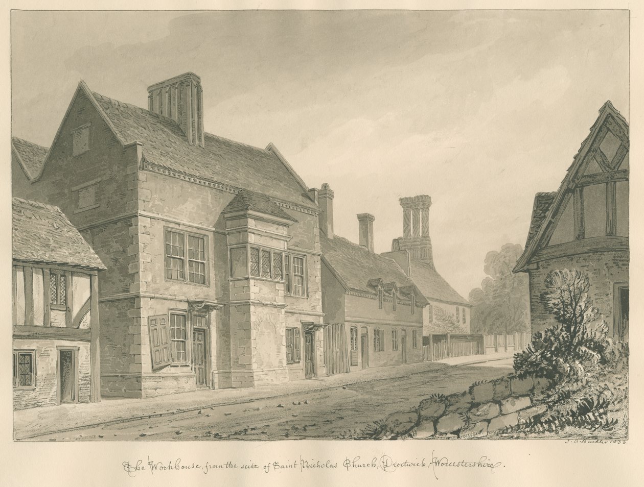 Worcestershire - Droitwich - Workhouse: sepia-tegning av John Chessell Buckler