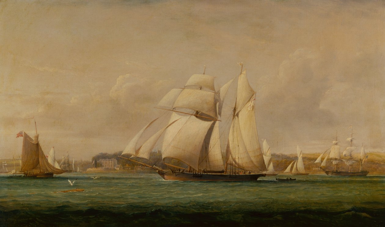En toppseilskoter, to Royal Yacht Squadron Cutters og et amerikansk handelsskip (olje) av John Christian Schetky