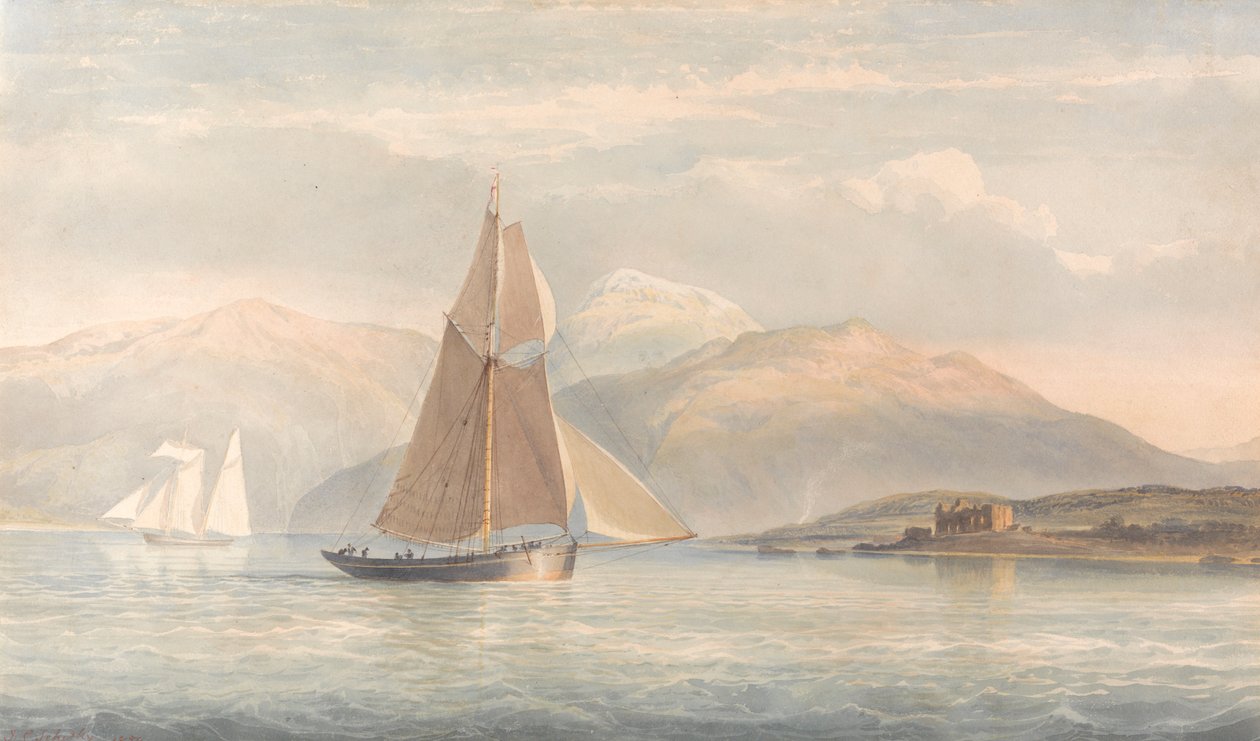 Båt som seiler til høyre med fjell i bakgrunnen av John Christian Schetky