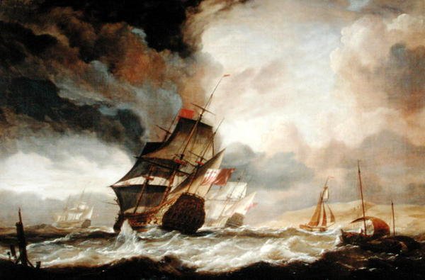 Ships of the Line som slår ut mot havet (olje på lerret) av John Christian Schetky