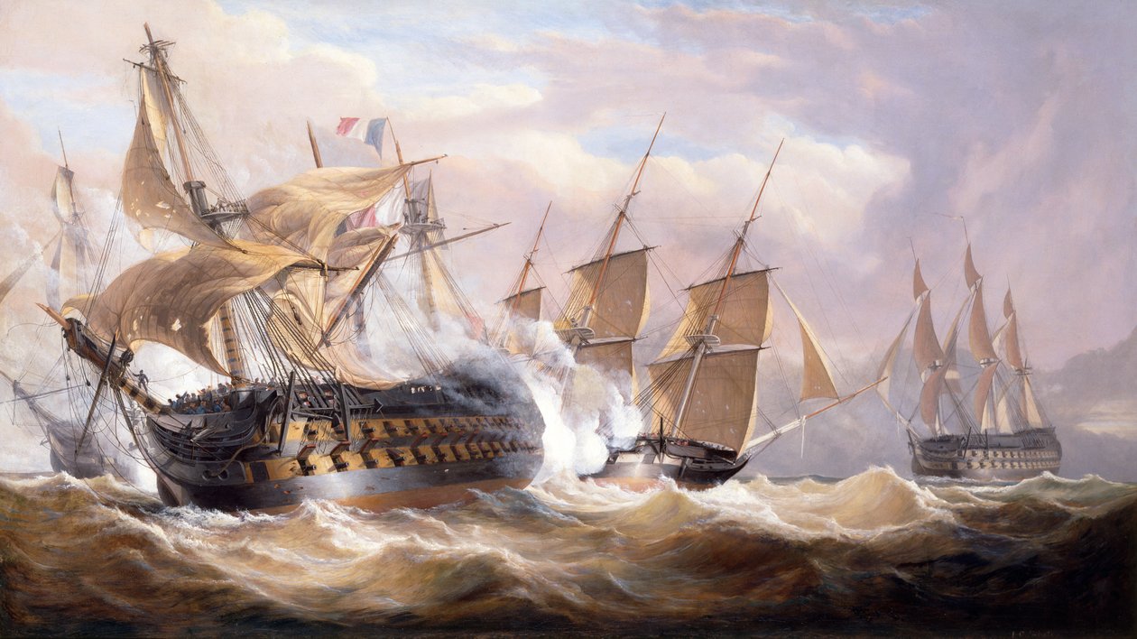 Guillaume Tell blir engasjert av H.M.S.Penelope og H.M.S Loin of Malta under blokaden, 30. mars 1800 (olje på lerret) av John Christian Schetky