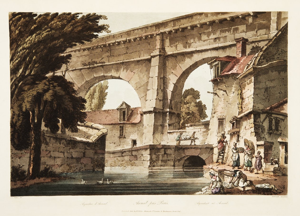 Akvedukt ved Arcueil, illustrasjon fra Versailles, Paris og Saint Denis, pub. 1805 (akvatint) av John Claude Nattes