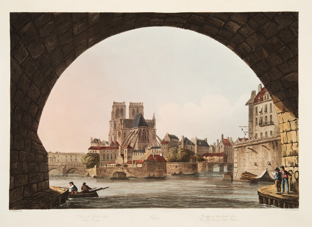 Broen til Hotel Dieu og kirken Notre Dame, illustrasjon fra Versailles, Paris og Saint Denis, pub. 1805 (akvatint) av John Claude Nattes