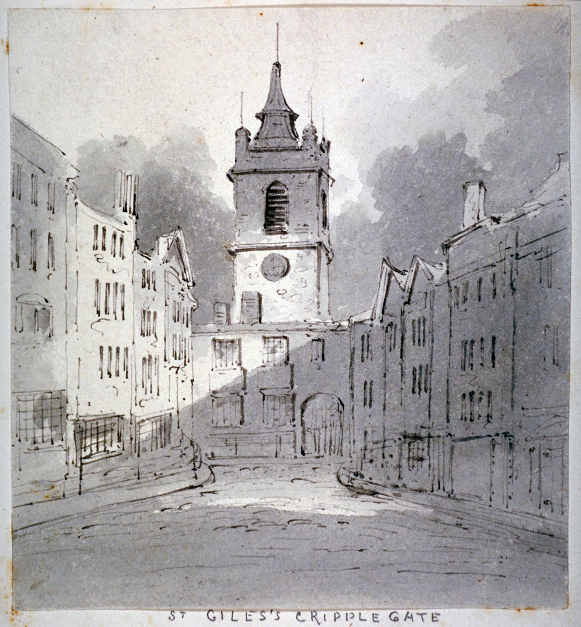 Church of St Giles uten Cripplegate fra Fore Street, City of London, 1790. av John Claude Nattes