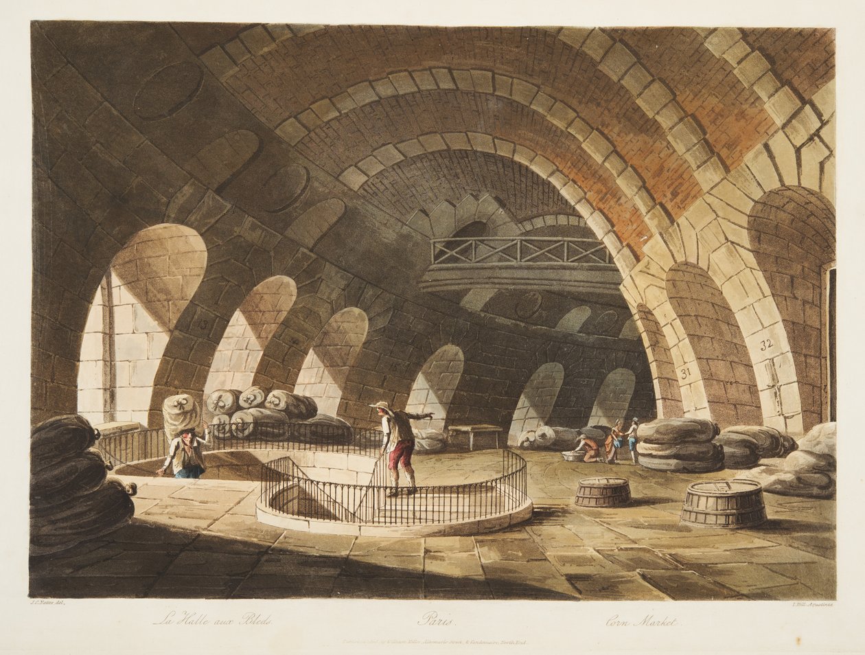 Corn Market, illustrasjon fra Versailles, Paris og Saint Denis, pub. 1805 (akvatint) av John Claude Nattes