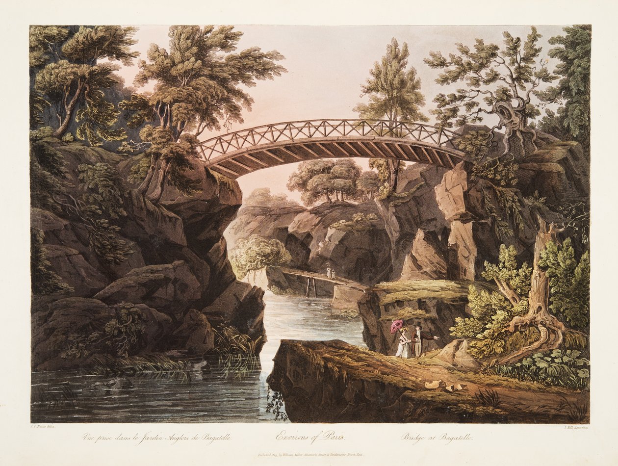 Environs of Paris, Bridge at Bagatelle, illustrasjon fra Versailles, Paris og Saint Denis, pub. 1809 (akvatint) av John Claude Nattes