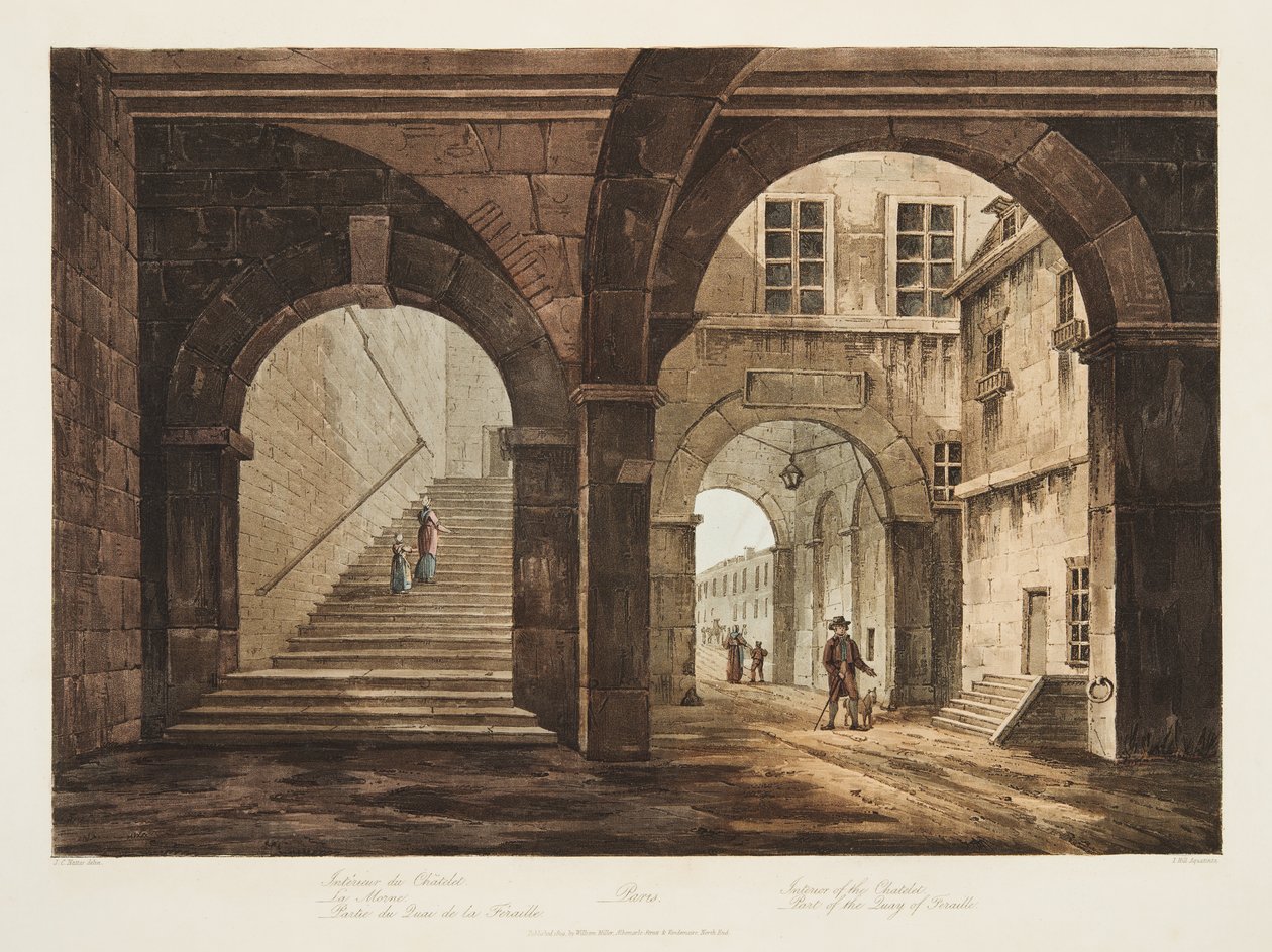 Interiør av Chatelet, en del av kaien i Feraille, illustrasjon fra Versailles, Paris og Saint Denis, pub. 1809 (akvatint) av John Claude Nattes