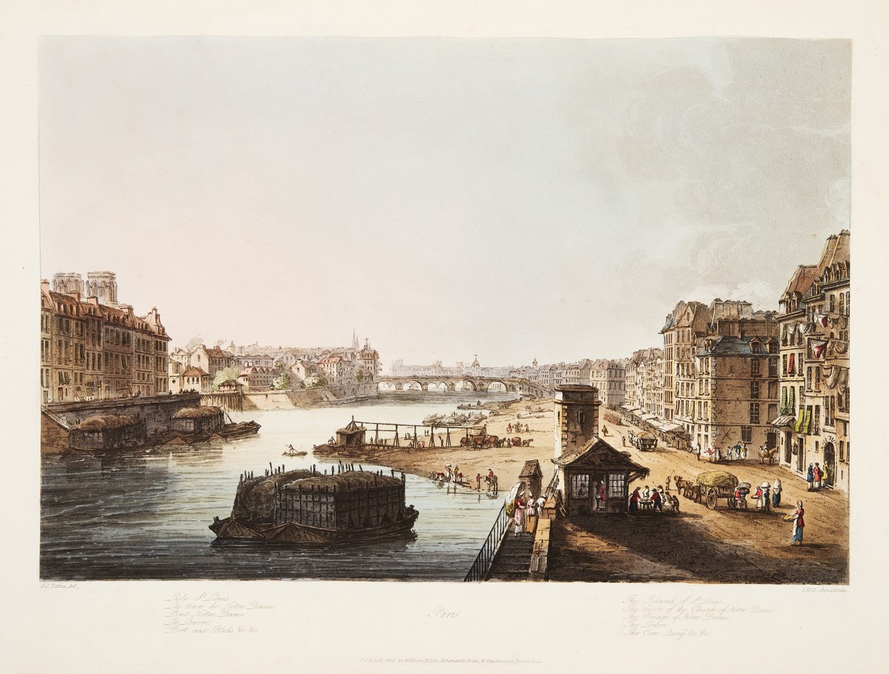 Island of St Louis, tårnene til Notre Dame-kirken, Notre Dame-broen, Louvre, Corn Quay, illustrasjon fra Versailles, Paris og Saint Denis, pub. 1805 (akvatint) av John Claude Nattes