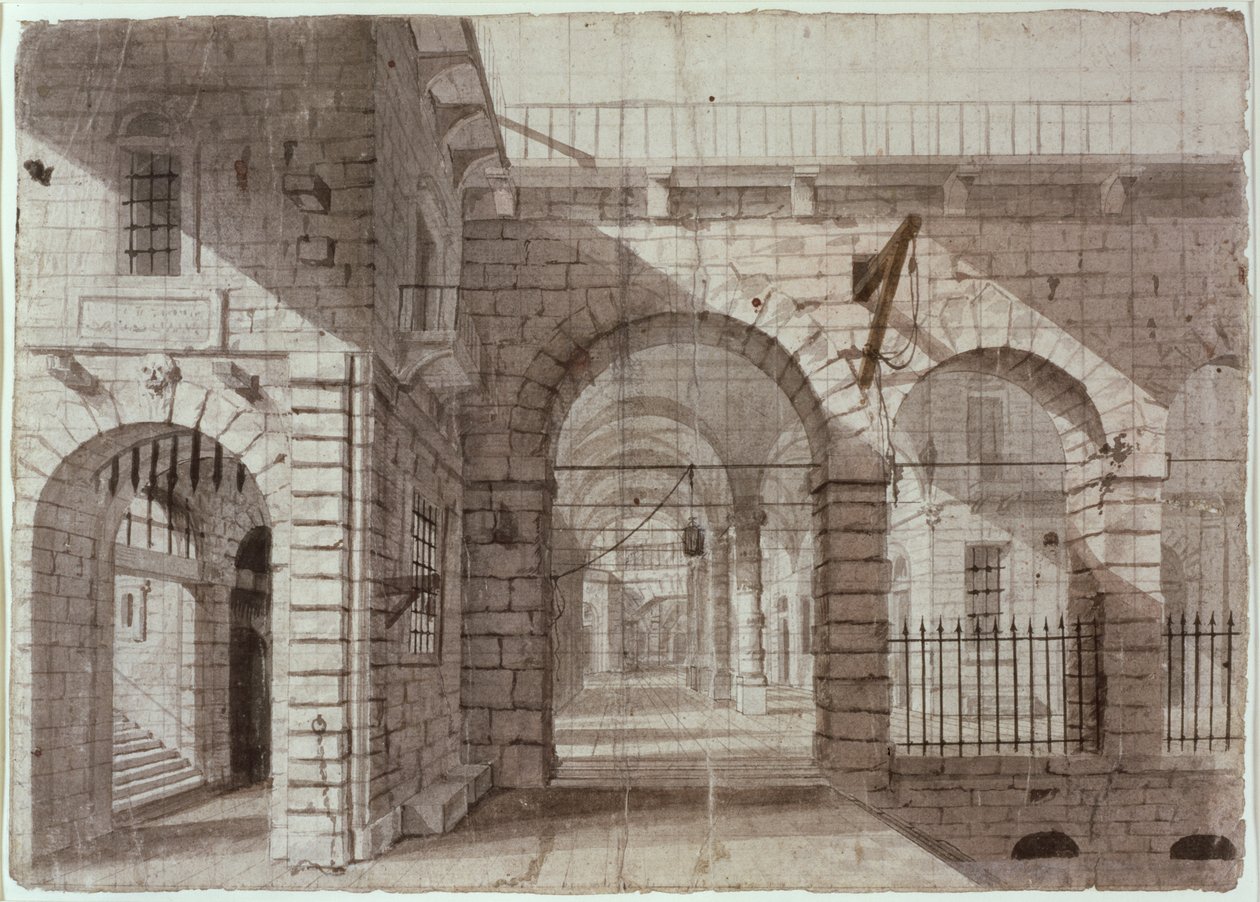 Newgate Prison Courtyard (blekk og vask på papir) av John Claude Nattes