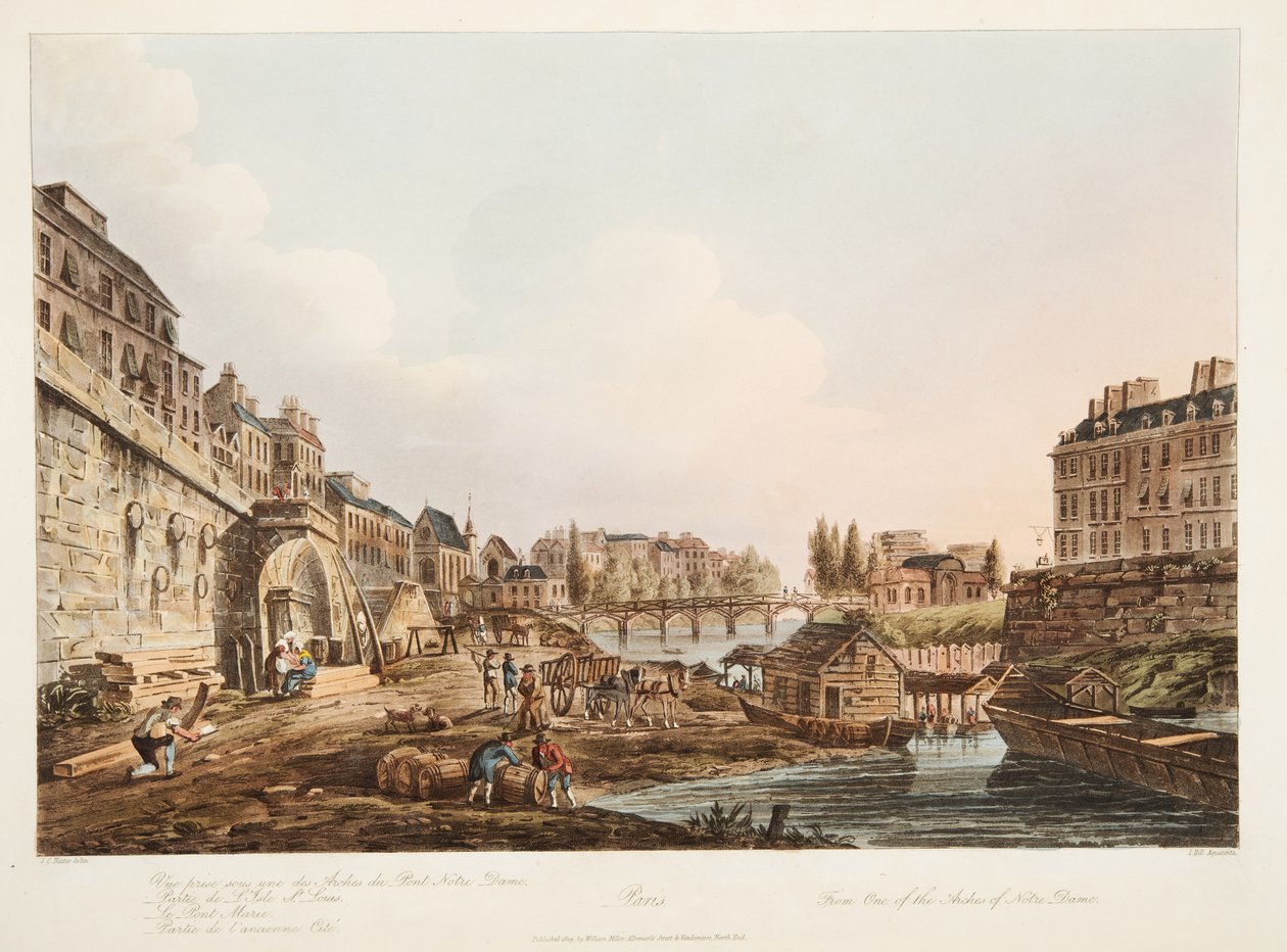 En av buene til Notre Dame, illustrasjon fra Versailles, Paris og Saint Denis, pub. 1809 (akvatint) av John Claude Nattes