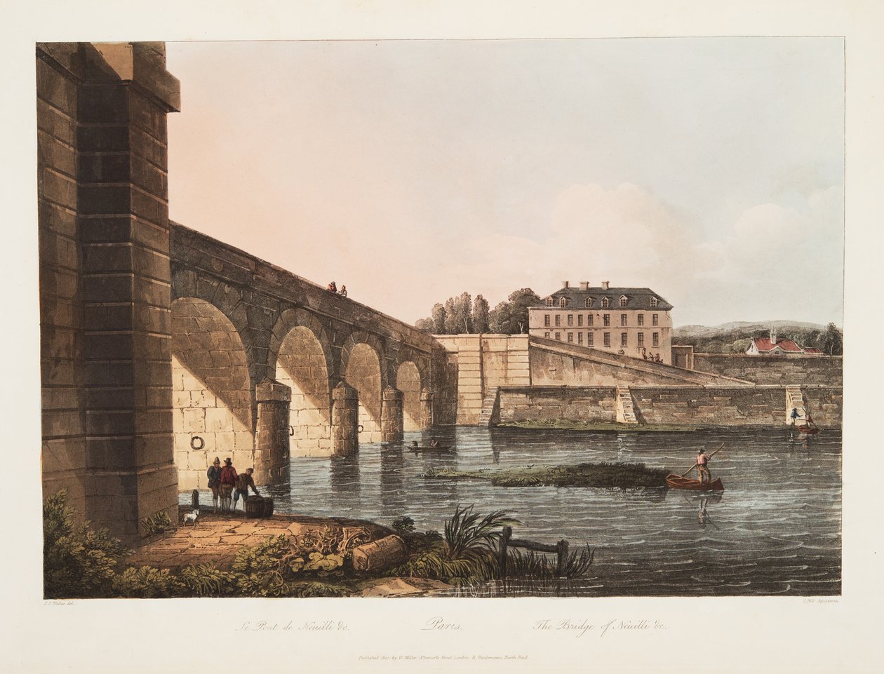 Paris, The Bridge of Neuille, illustrasjon fra Versailles, Paris og Saint Denis, pub. 1807 (akvatint) av John Claude Nattes