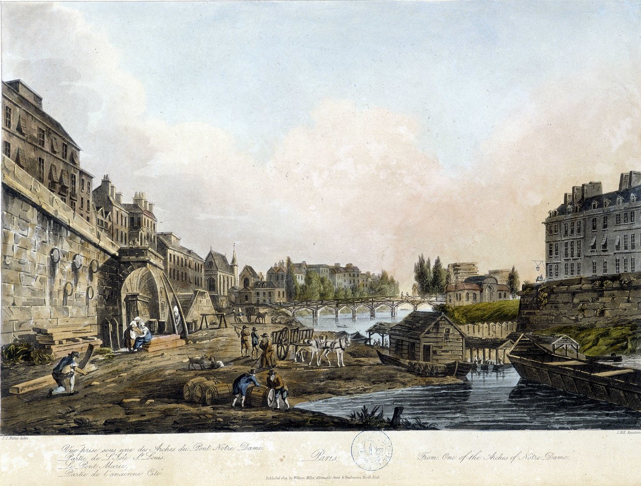 Paris: Utsikt over Pont Notre-Dame - i "Paris vu par J.C. Mats", red. Miller, London av John Claude Nattes