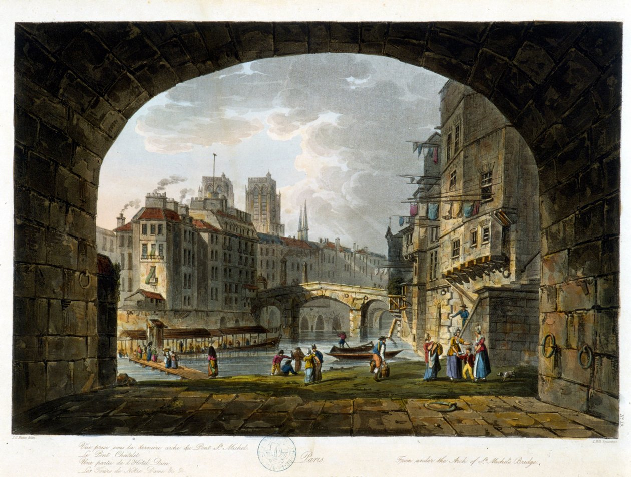 Paris: Pont Chatelet eller Peute Pont - i ""Paris vu par J.C. Mattes", red. Miller, London av John Claude Nattes
