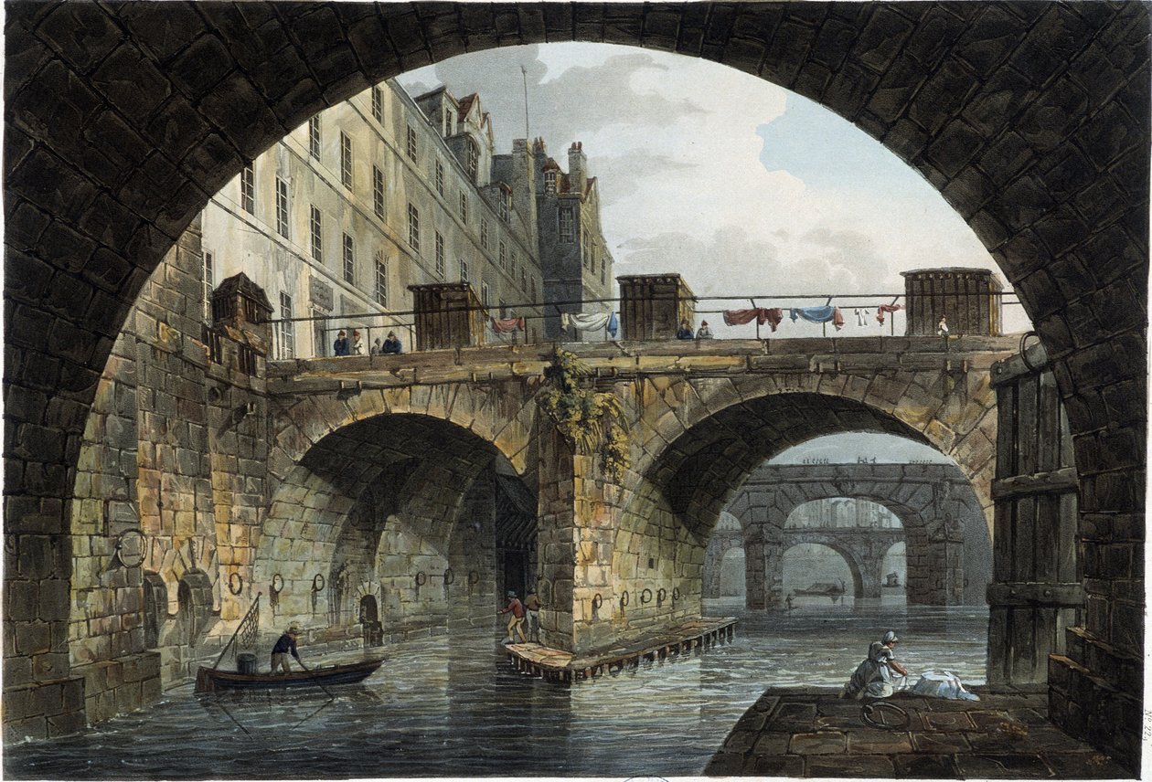 Paris: den lille broen og Hotel Dieu - i ""Paris vu par J.C. Mats", red. Miller, London av John Claude Nattes