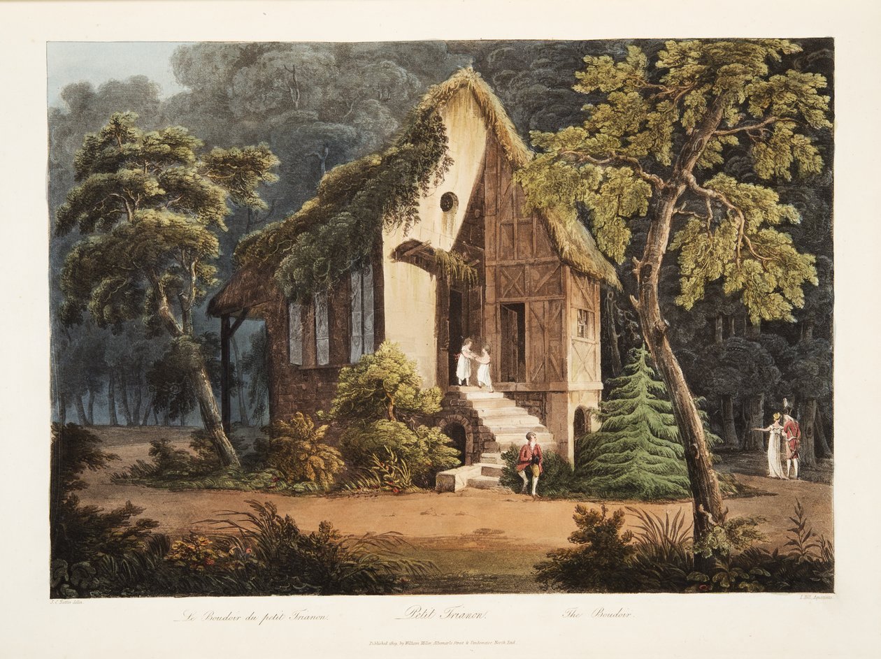 Petit Trianon, The Boudoir, illustrasjon fra Versailles, Paris og Saint Denis, pub. 1805 (akvatint) av John Claude Nattes