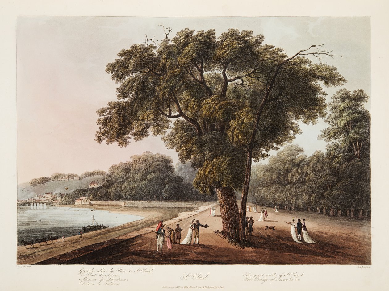 St Cloud, The Great Walk of St Cloud, The Bridge of Sevres, etc. etc., illustrasjon fra Versailles, Paris og Saint Denis, pub. 1805 (akvatint) av John Claude Nattes