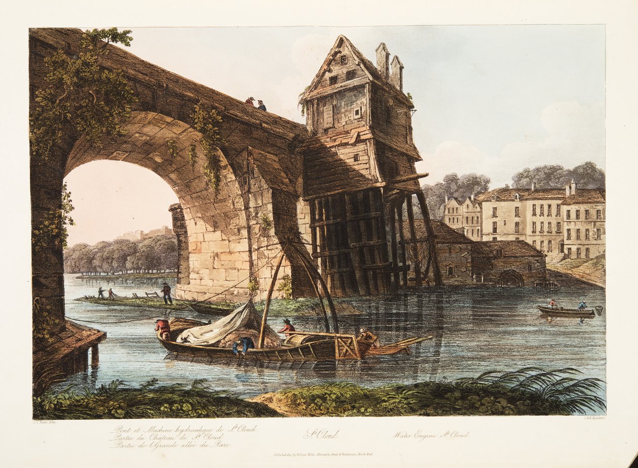 St Cloud, Water Engine, illustrasjon fra Versailles, Paris og Saint Denis, pub. 1809 (akvatint) av John Claude Nattes