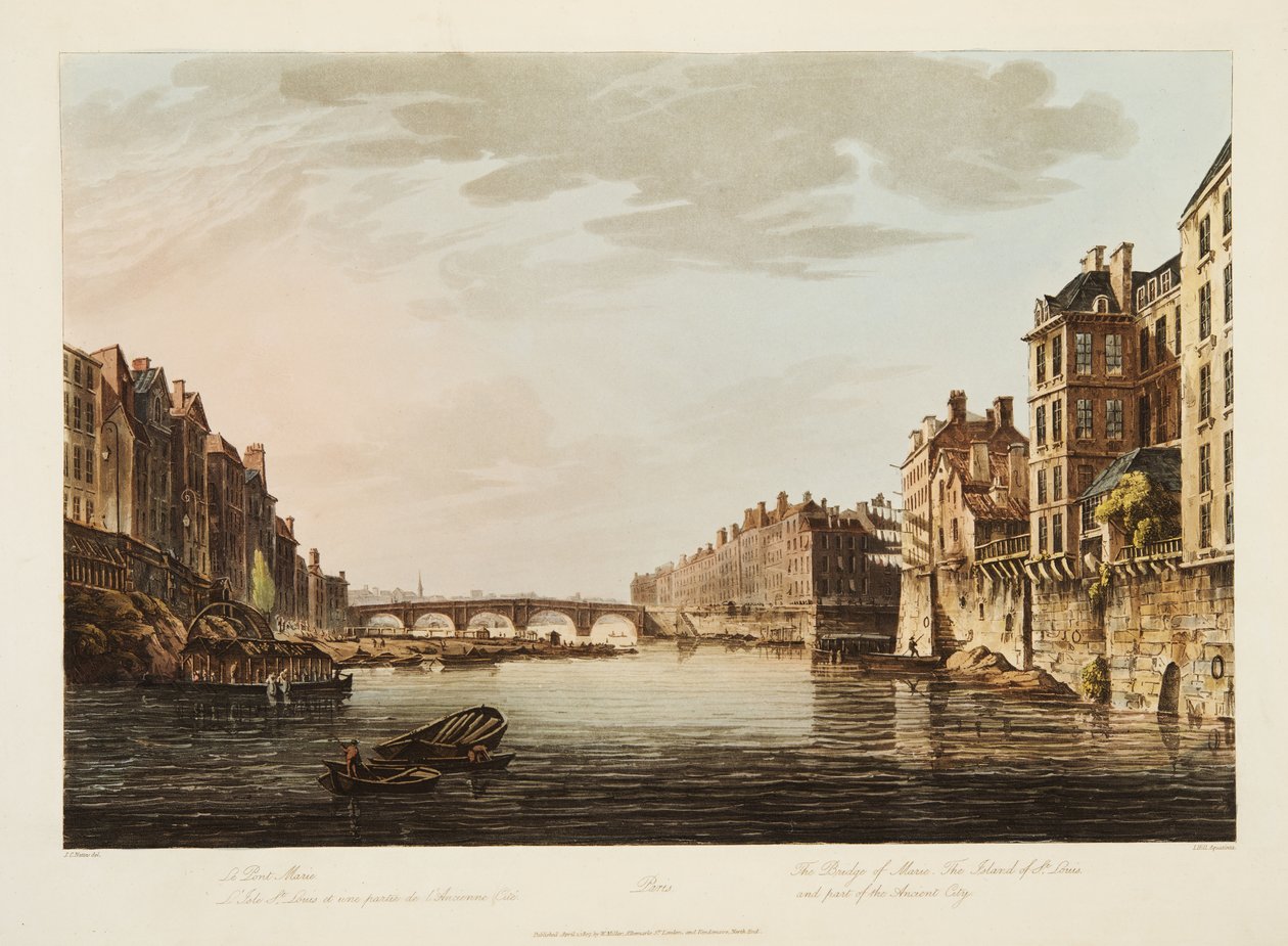 The Bridge of Marie, The Island of St Louis og en del av den gamle byen, illustrasjon fra Versailles, Paris og Saint Denis, pub. 1807 (akvatint) av John Claude Nattes