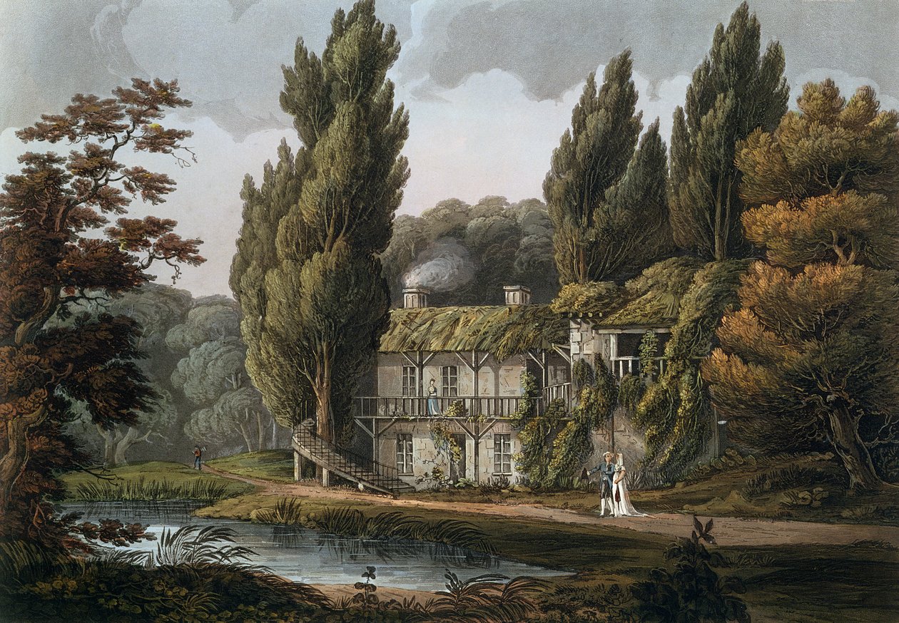 Spisestuen i Hameau av Marie-Antoinette, illustrasjon fra 'Versailles, Paris og Saint Denis', utgitt i London 1809 (fargegravering) av John Claude Nattes