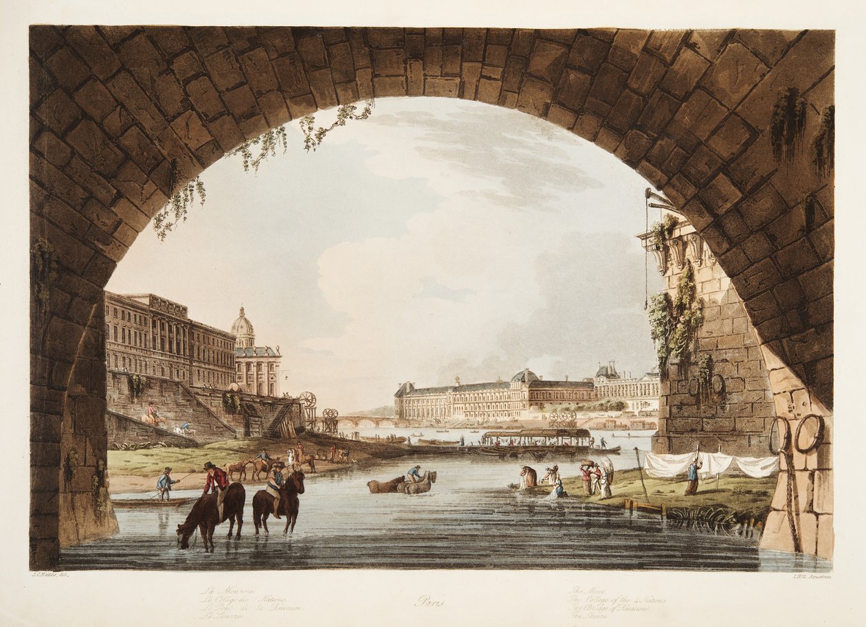 Louvre; Mynten; College of the 4 Nations; The Bridge of Reunion, illustrasjon fra Versailles, Paris og Saint Denis, pub. 1805 (akvatint) av John Claude Nattes