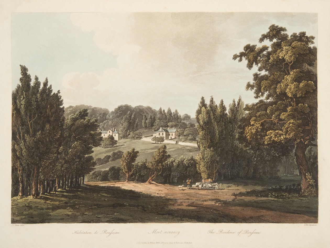 The Residence of Rousseau, illustrasjon fra Versailles, Paris og Saint Denis, pub. 1809 (akvatint) av John Claude Nattes