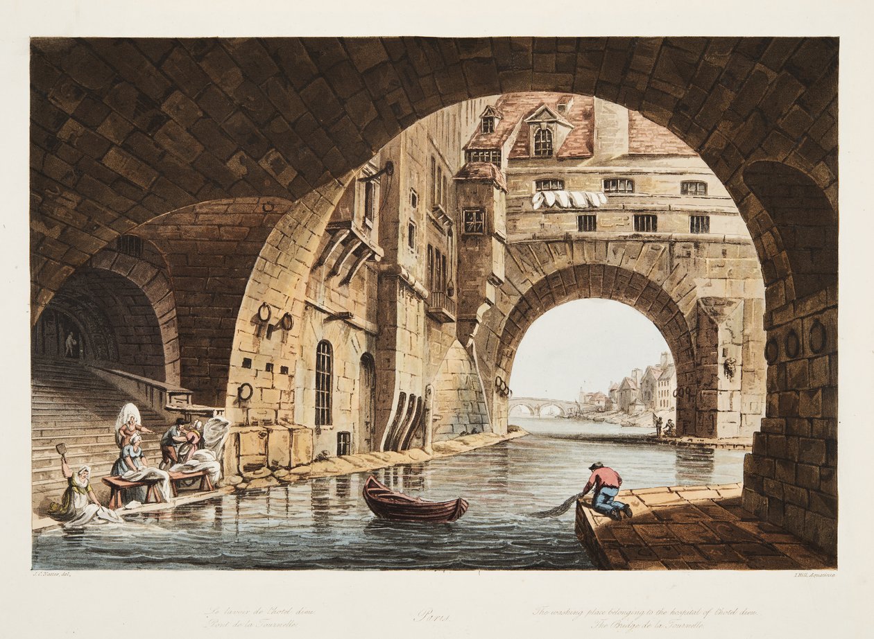 Vaskeplassen som tilhører sykehuset til Hotel-Dieu og Bridge de la Tournelle, illustrasjon fra Versailles, Paris og Saint Denis, pub. 1805 (akvatint) av John Claude Nattes
