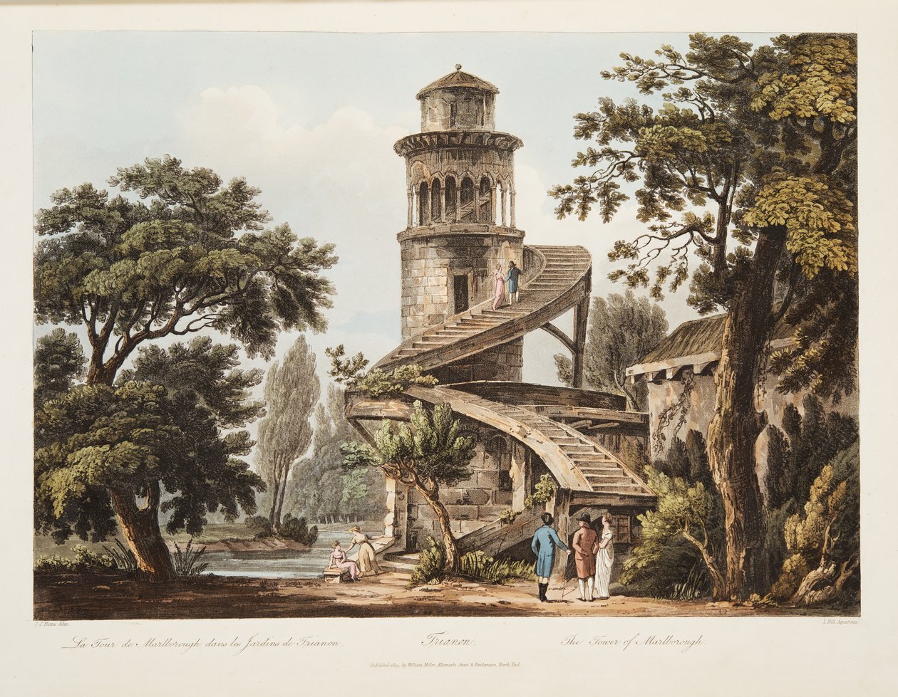 Trianon, The Tower of Marlborough, illustrasjon fra Versailles, Paris og Saint Denis, pub. 1809 (akvatint) av John Claude Nattes