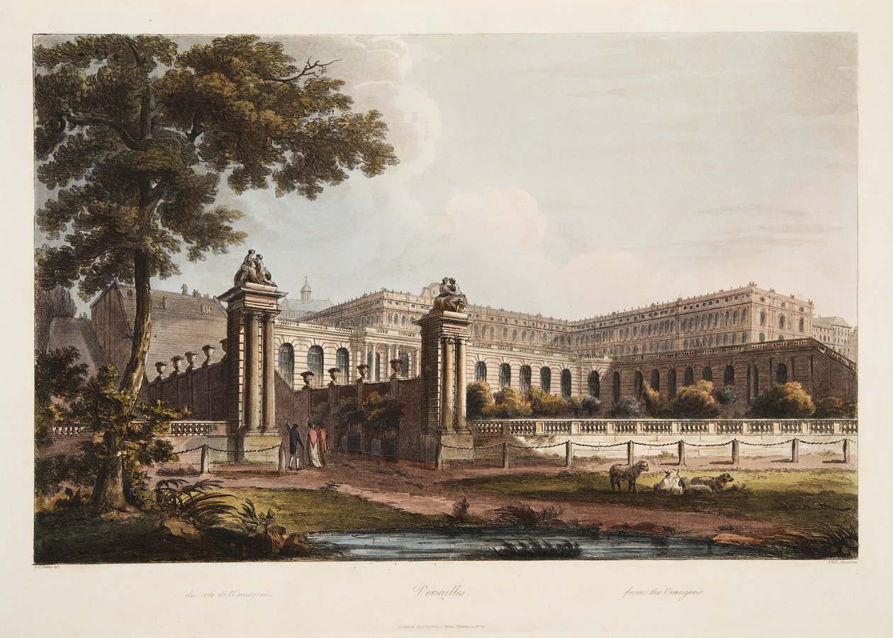 Versailles fra The Orangerie, illustrasjon fra Versailles, Paris og Saint Denis, pub. 1805 (akvatint) av John Claude Nattes