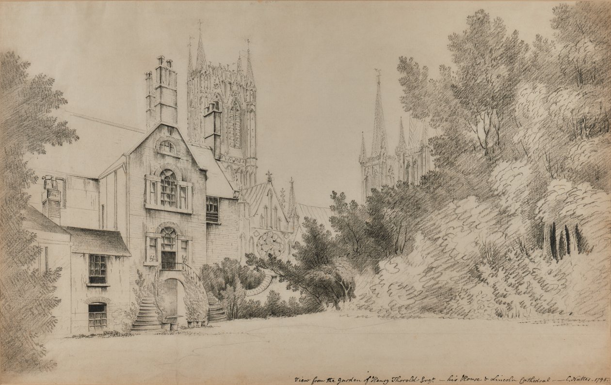 Utsikt fra hagen til Henry Thorold, Esq., huset hans og Lincoln Cathedral av John Claude Nattes