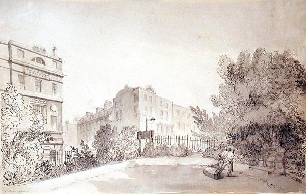 Utsikt over Fitzroy Square med to figurer som trekker en hagerulle, ca. 1808 (blekk og vask på papir) av John Claude Nattes