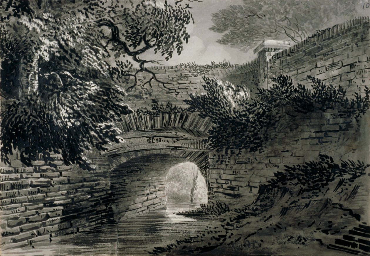 Utsikt over en del av Serpentines dreneringssystem i Hyde Park, London, c1817 av John Claude Nattes