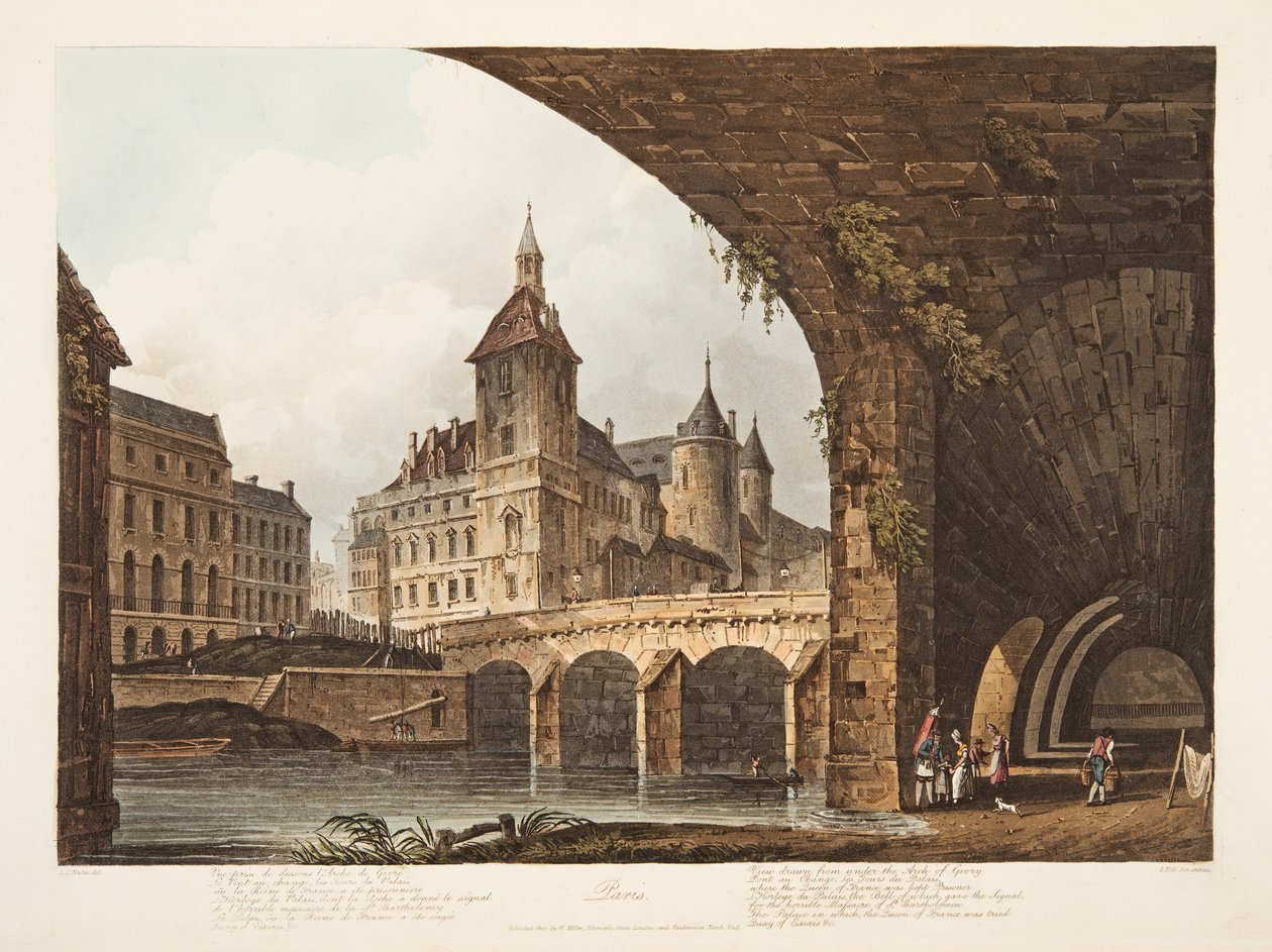 Utsikt over Pont-au-Change, Tour de lHorloge og Conciergerie, illustrasjon fra Versailles, Paris og Saint Denis, pub. 1807 (akvatint) av John Claude Nattes