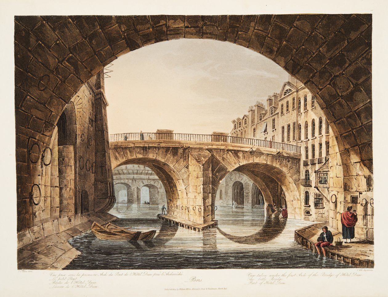 Utsikt tatt fra under den første brobuen til Hotel Dieu, den lille broen, en del av Hotel Dieu, illustrasjon fra Versailles, Paris og Saint Denis, pub. 1809 (akvatint) av John Claude Nattes