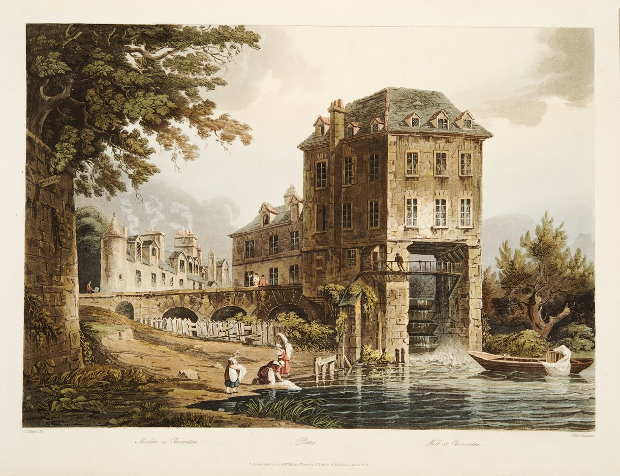 Mill at Charenton, illustrasjon fra Versailles, Paris og Saint Denis, pub. 1807 (akvatint) av John Claude after Nattes