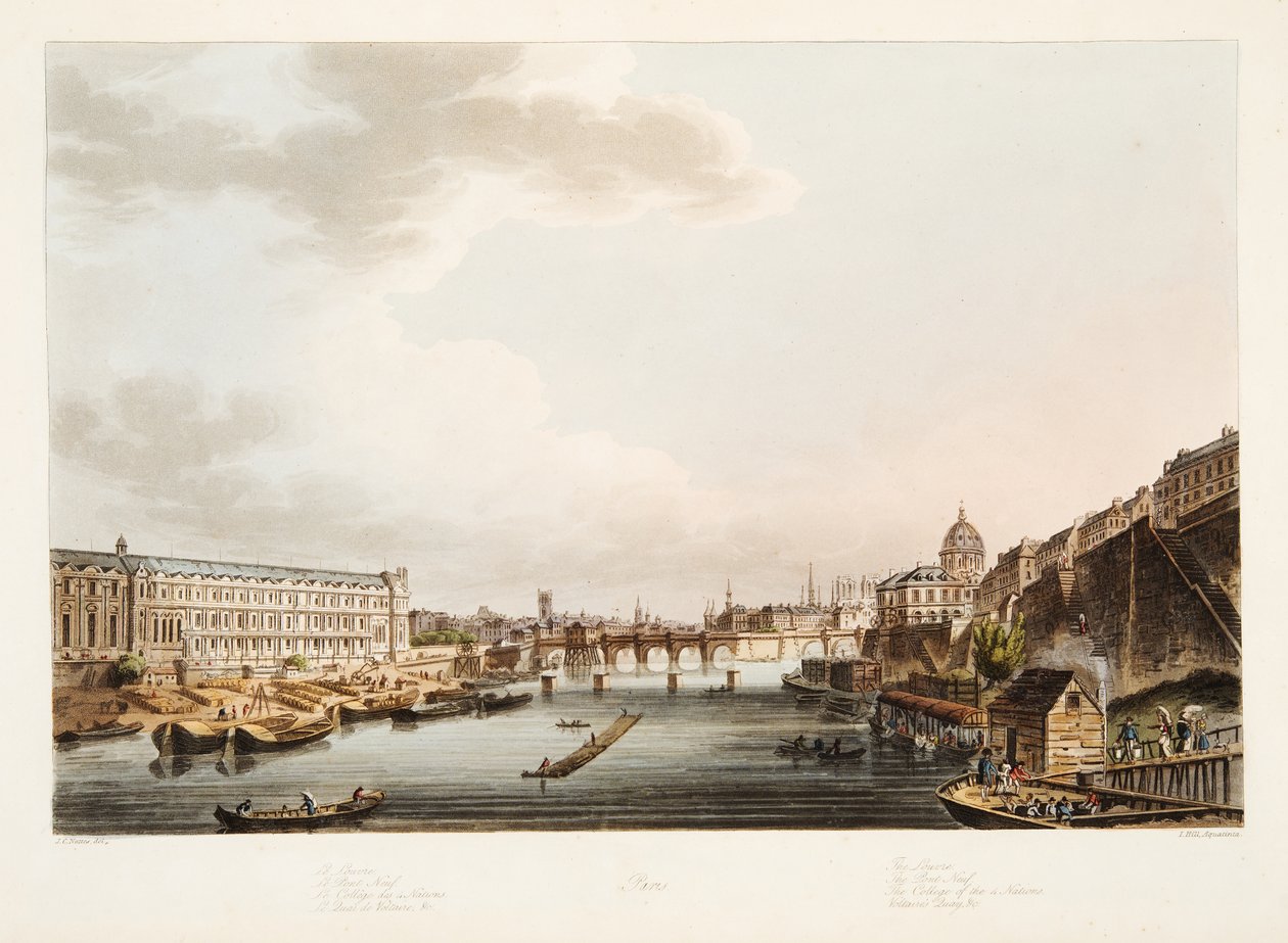 Louvre; Pont Neuf; College of the 4 Nations; Voltaires Quay, illustrasjon fra Versailles, Paris og Saint Denis, pub. 1805 (akvatint) av John Claude after Nattes