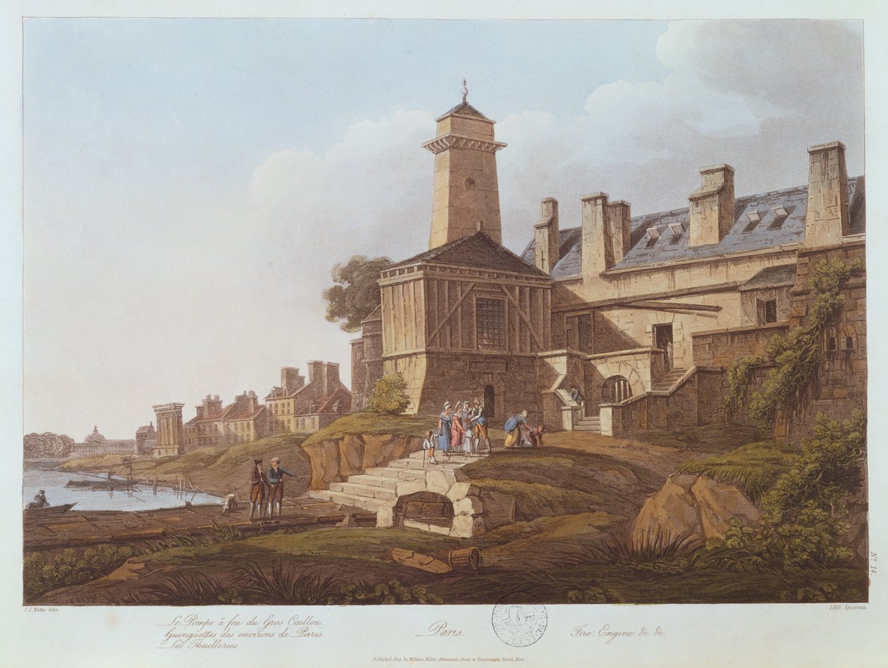 Damppumpen fra Gros-Caillou, 1810 (fargeakvatint) av John Claude after Nattes