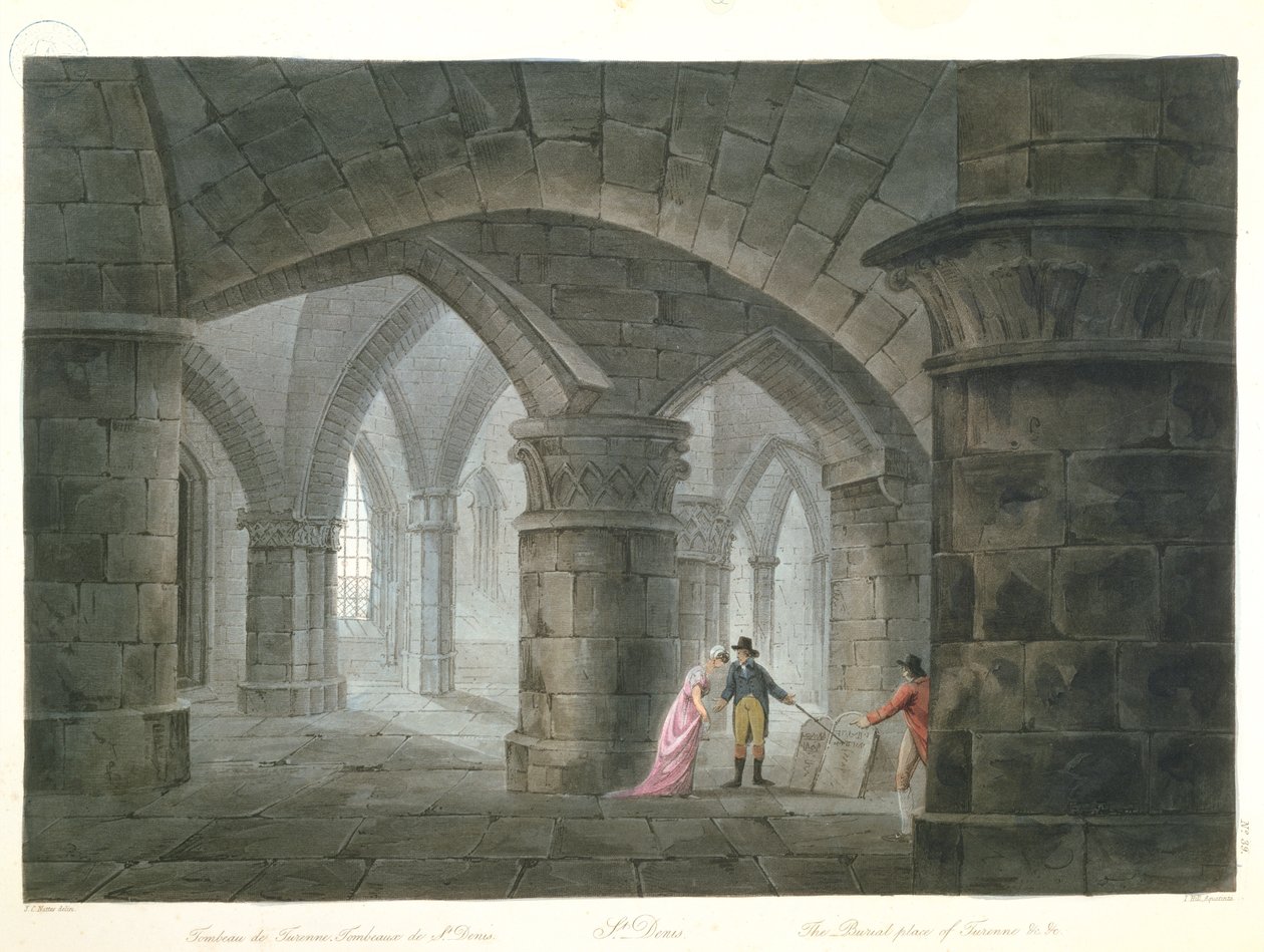 Turister som besøker graven til Henri de La Tour dAuvergne (1611-75) Vicomte de Turenne i krypten til kirken Saint-Denis, 1809 (fargegravering) av John Claude after Nattes