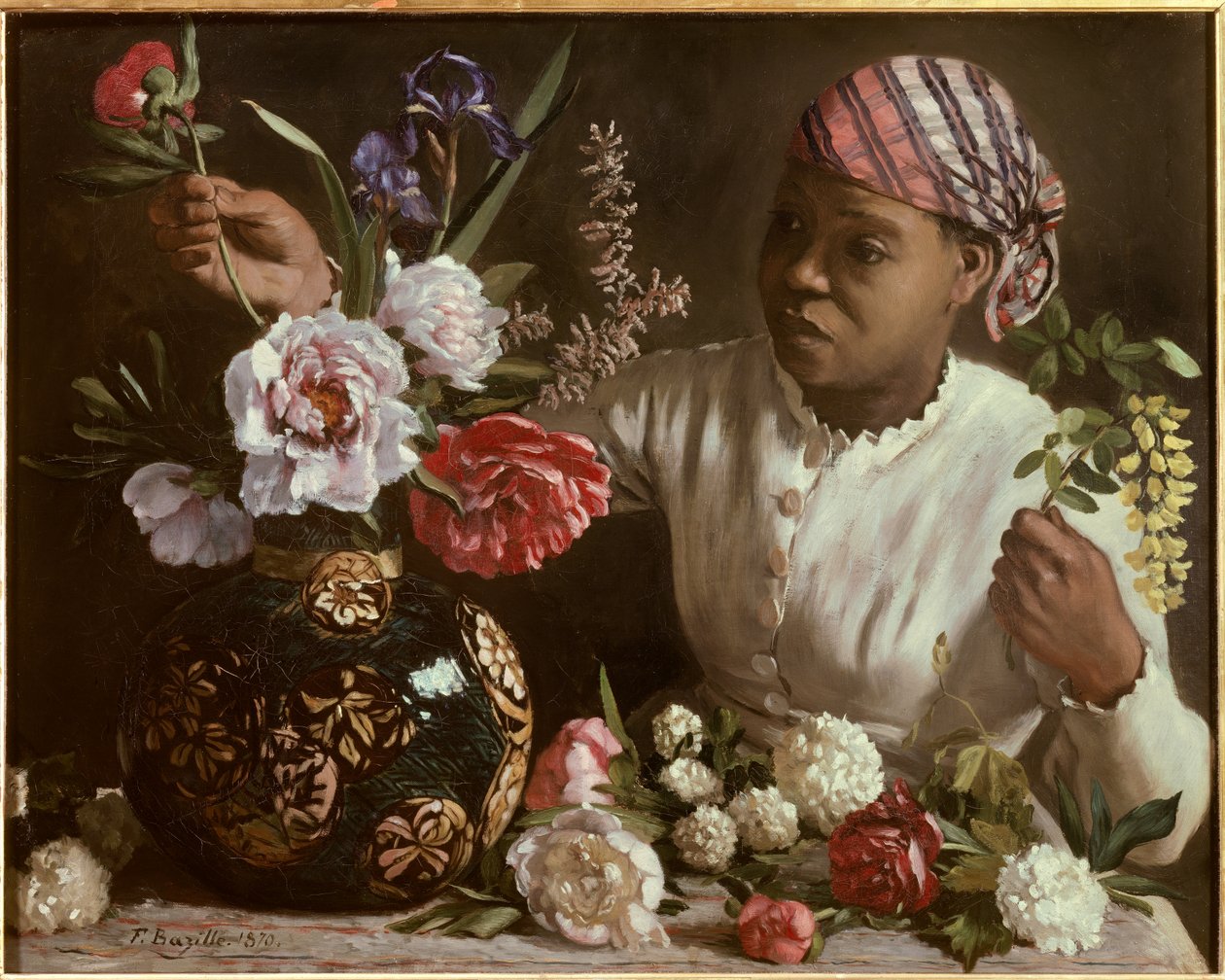 La negresse aux peonines Maleri av Frederic Bazille (1841-1870) 1870 Dim. 0,6x0,75 m Montpellier, musee Fabre - Den svarte kvinnen med peoner. Maleri av Frederic Bazille (1841-1870) av John Clayton Adams